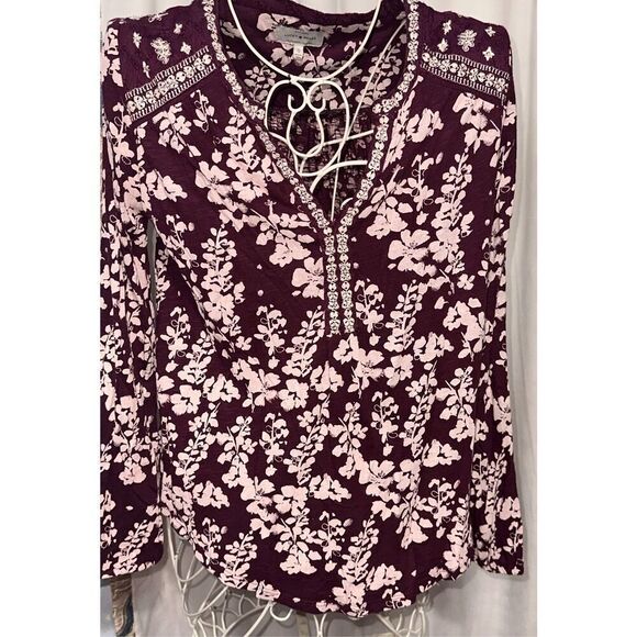 Beautiful LUCKY BRAND Unique Mixed Peasant Top PURPLE AND TAN beautiful design B - Picture 1 of 10
